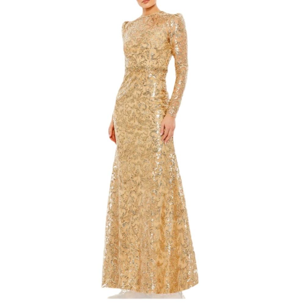 Mac Duggal Gold Embellished High Neck Long Sleeve Gown 68011 Women’s Sz 18
